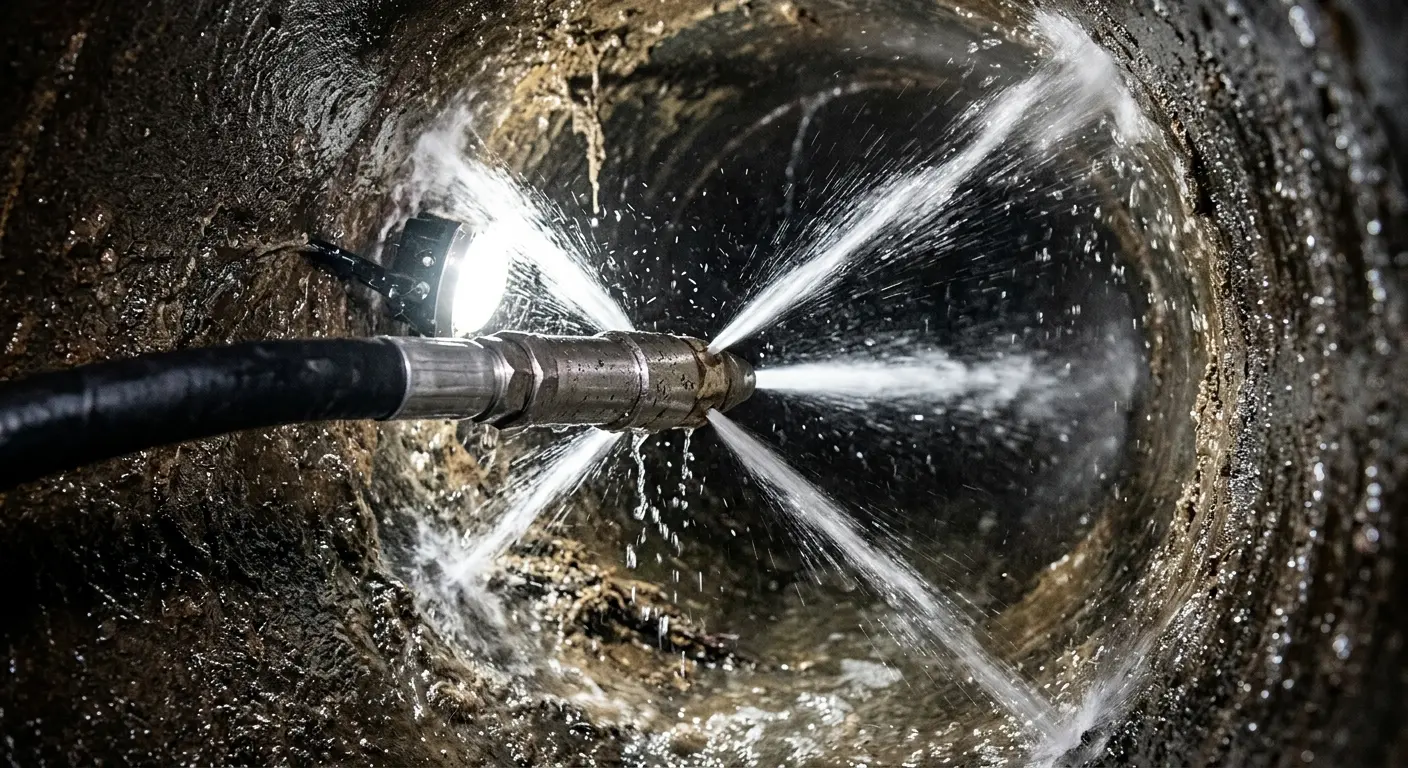 High-pressure hydro jetting nozzle cleaning sewer pipe for Trenchless Sewer Repair in North Myrtle Beach