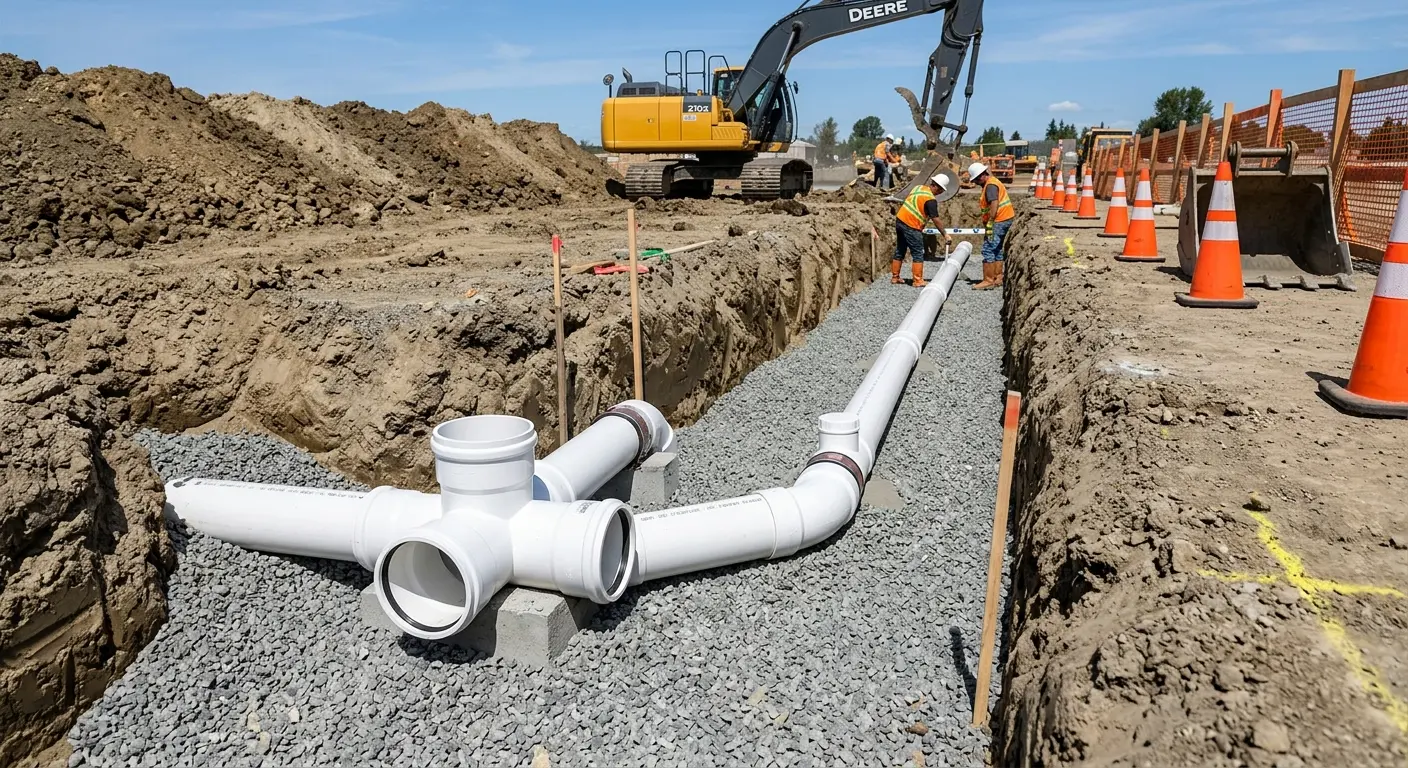 New PVC sewer pipe installation in open trench for Sewer Backup in North Myrtle Beach