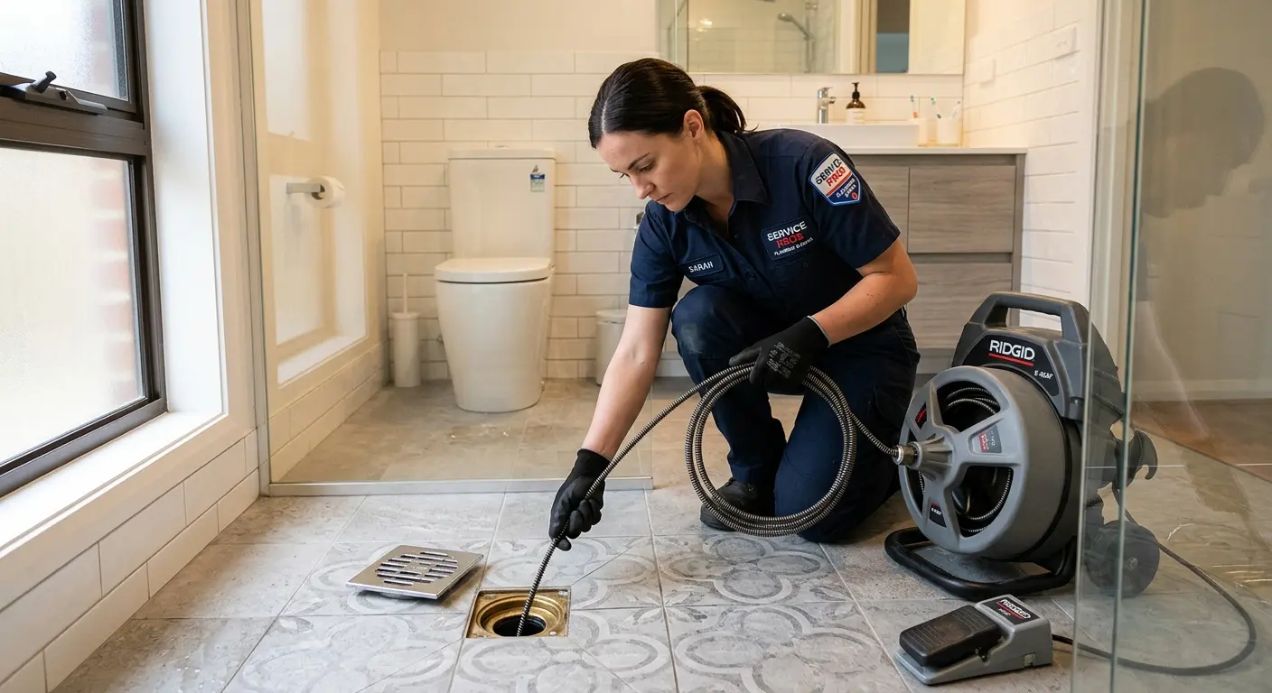 Technician clearing a bathroom floor drain for Clogged Drain Repair in North Myrtle Beach